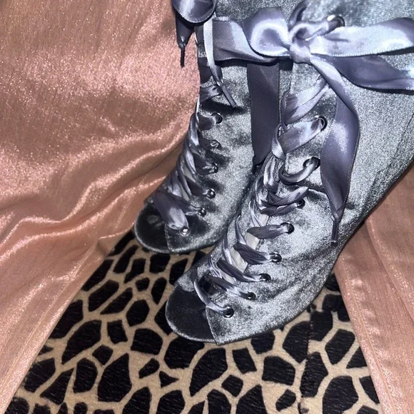 Velvet gray/silver/pewter with a Gray satin ribbon lace up high pump booty. - Picture 8 of 14